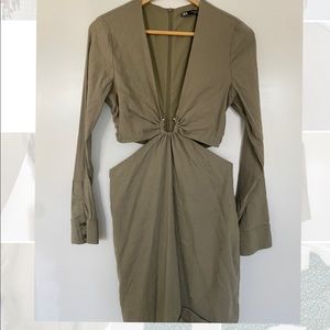 Zara Linen Cut Out Midi Dress - Khaki/Olive Green